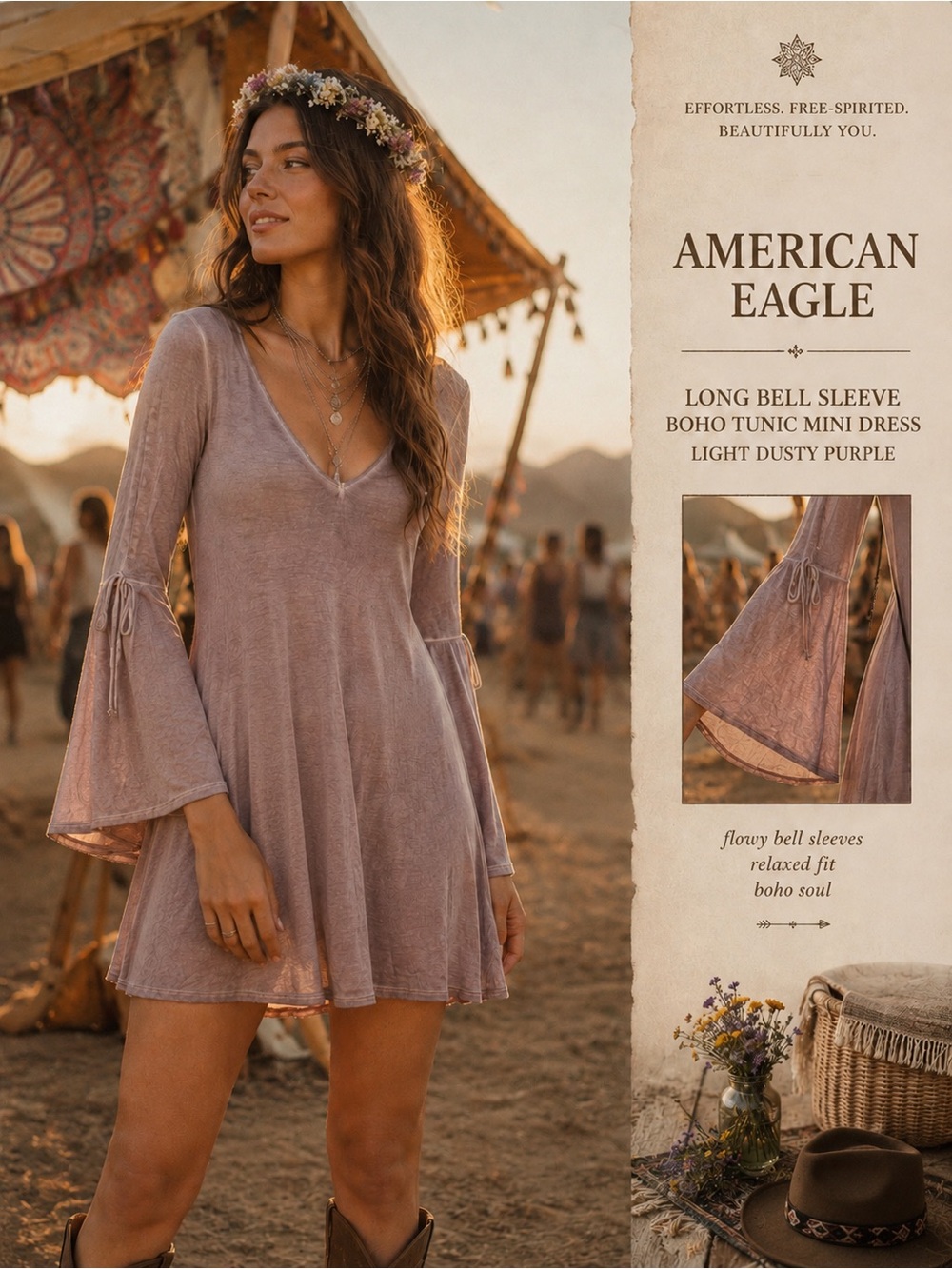 American Eagle Long Bell Sleeve Boho Tunic Mini Dress Light Dusty Purple Size S